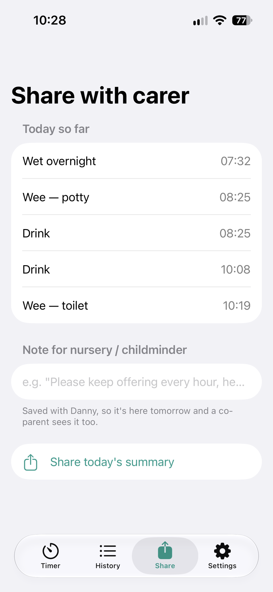 PottyPro share with carer screen