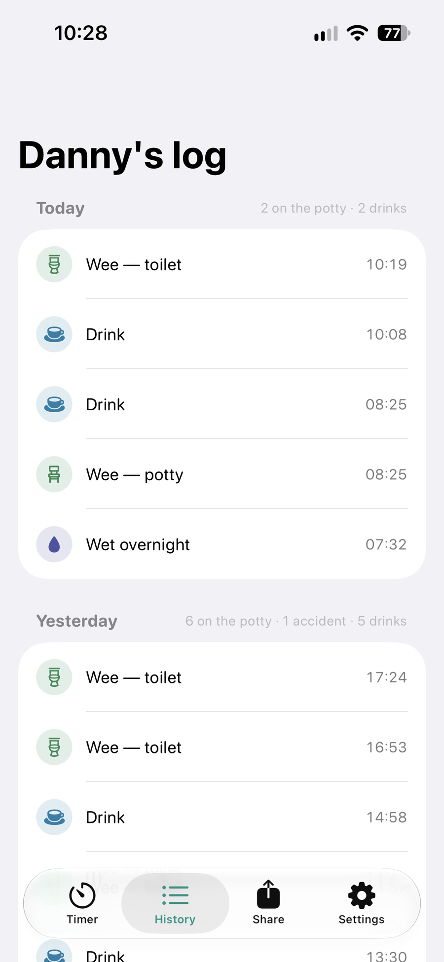 PottyPro history screen