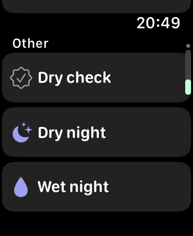 PottyPro on Apple Watch with Dry check, Dry night and Wet night buttons