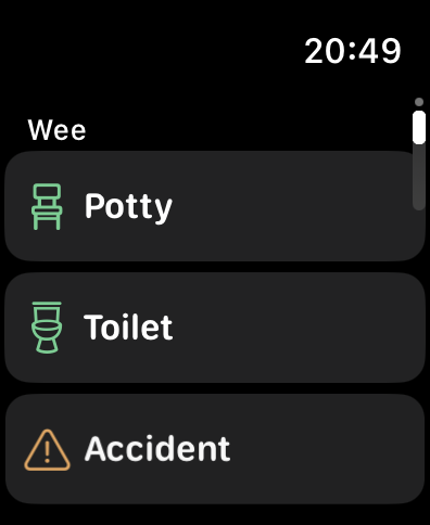 PottyPro on Apple Watch with Potty, Toilet and Accident buttons for logging a wee